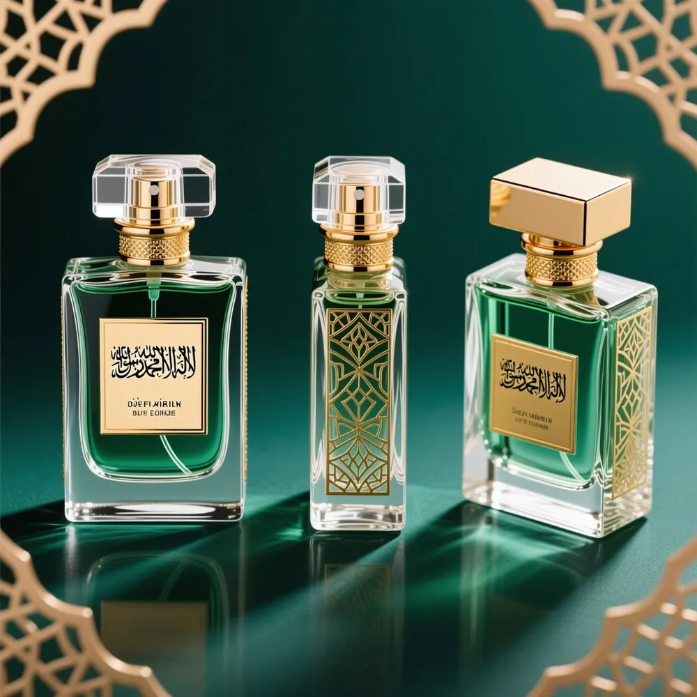 Luxury Arabic perfume bottles with gold caps and emerald green fragrance - Middle East premium packaging