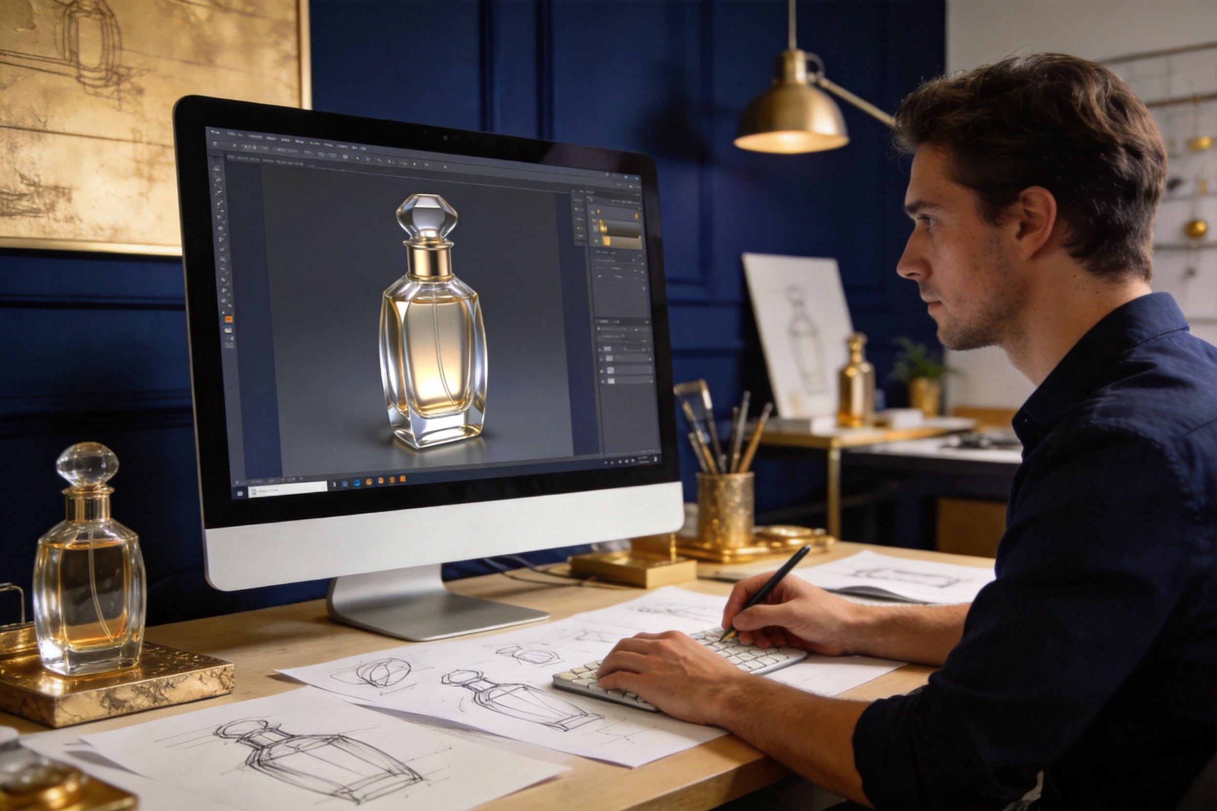 Custom perfume bottle design service at PTN Packaging - designer creating 3D bottle concepts for Middle East fragrance brands