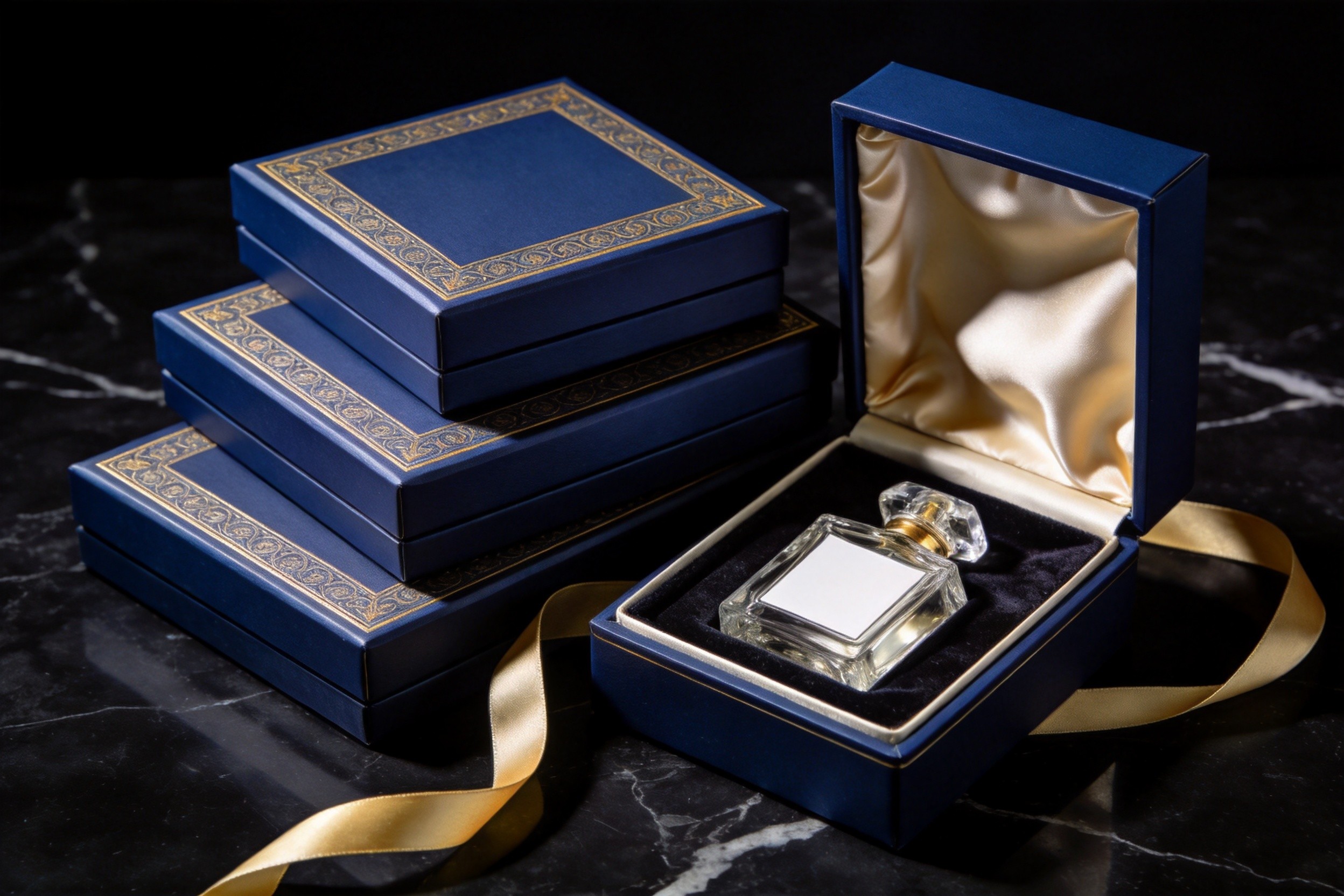 Luxury navy blue gift box packaging for perfume bottles with velvet lining - custom packaging service by PTN Packaging