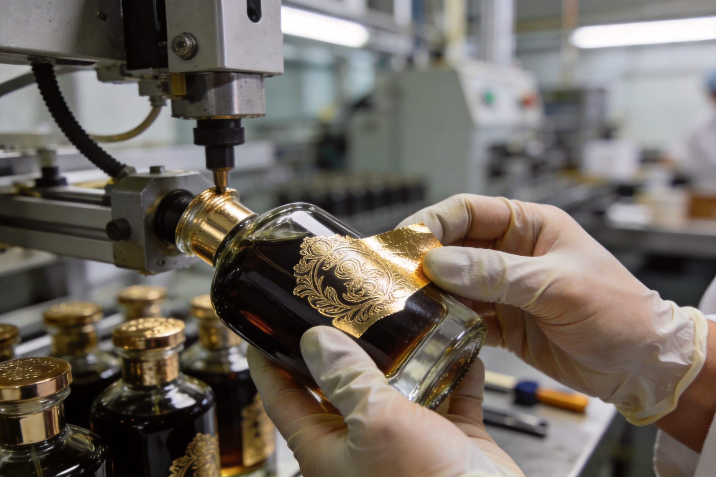 Silk screen printing and gold hot stamping on perfume bottles - premium glass bottle decoration service by PTN Packaging